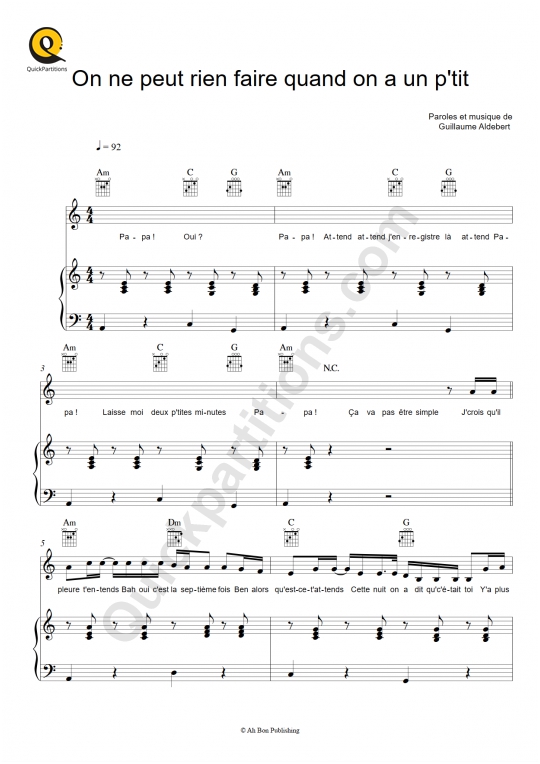 On ne peut rien faire quand on a un p'tit Piano Sheet Music - Aldebert