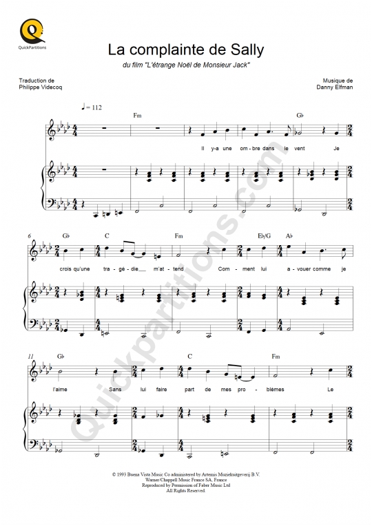 Partition piano La complainte de Sally - L'étrange Noël de Monsieur Jack
