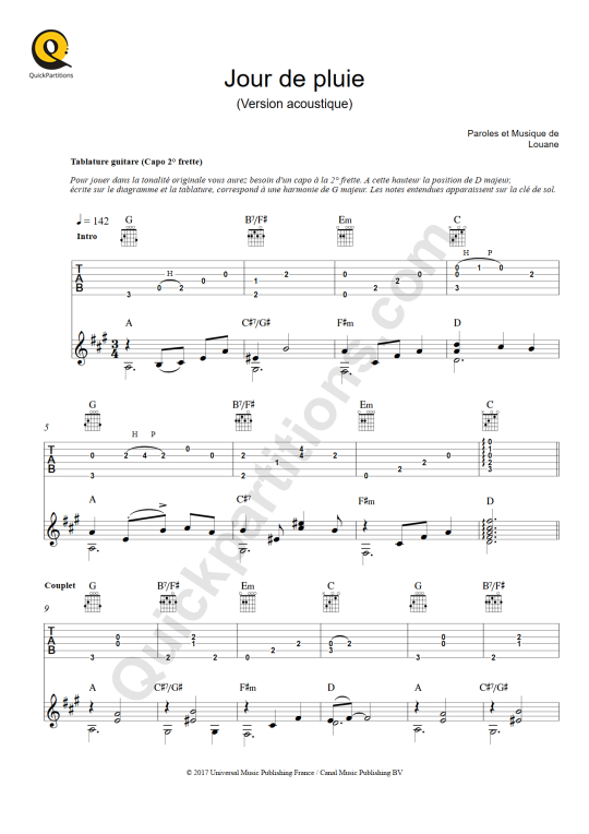 Tablature Guitare Jour de pluie - Louane