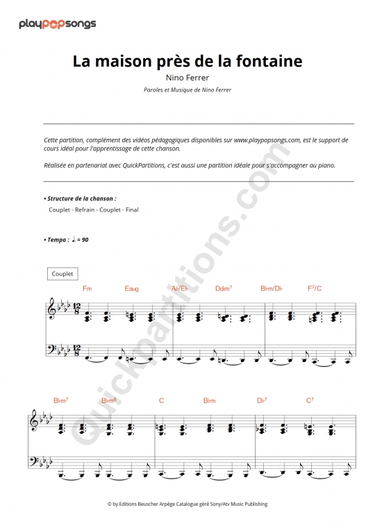 Support De Cours La Maison Pres De La Fontaine Playpopsongs Partition Digitale