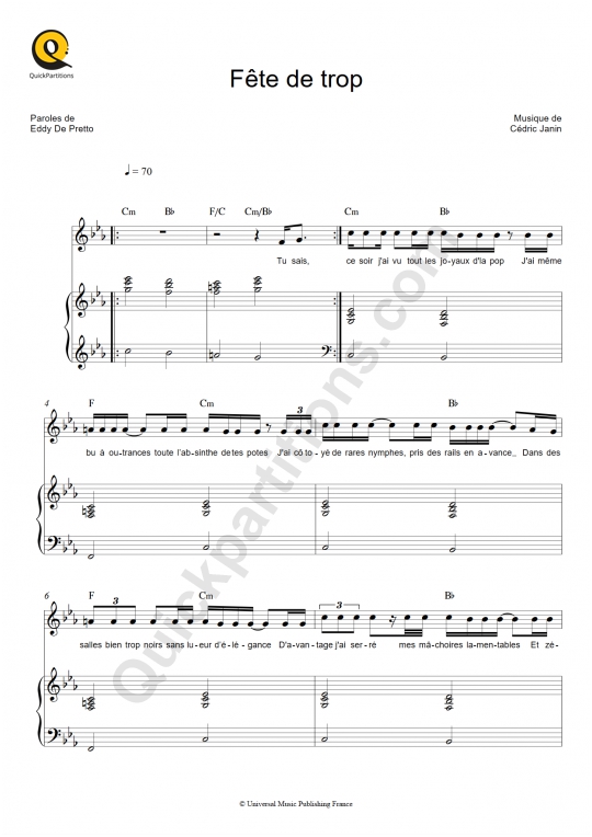 Fête de trop Piano Sheet Music - Eddy De Pretto
