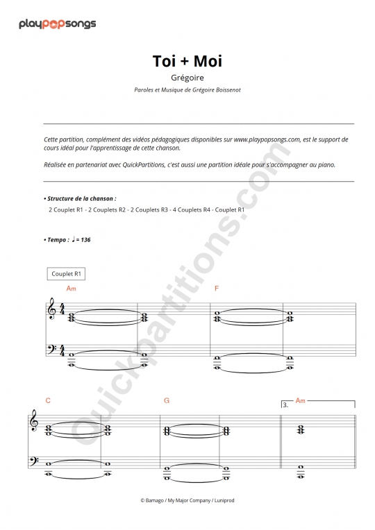 Support de cours Toi + Moi de PlayPopSongs