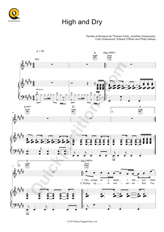 Partition piano High and Dry - Radiohead