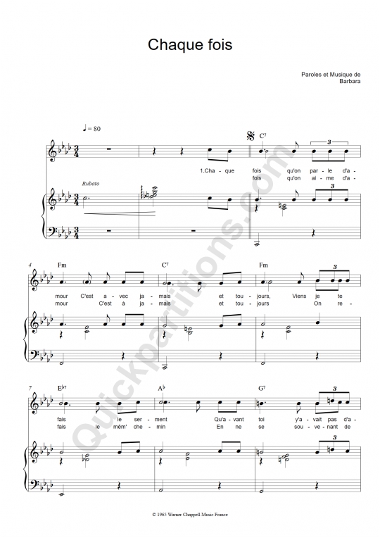 Partition piano Chaque fois - Barbara