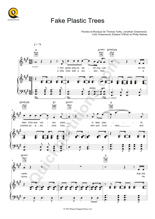 Partition piano Fake Plastic Trees - Radiohead