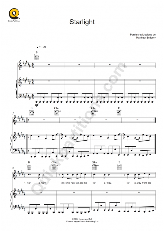 Partition piano Starlight de Muse