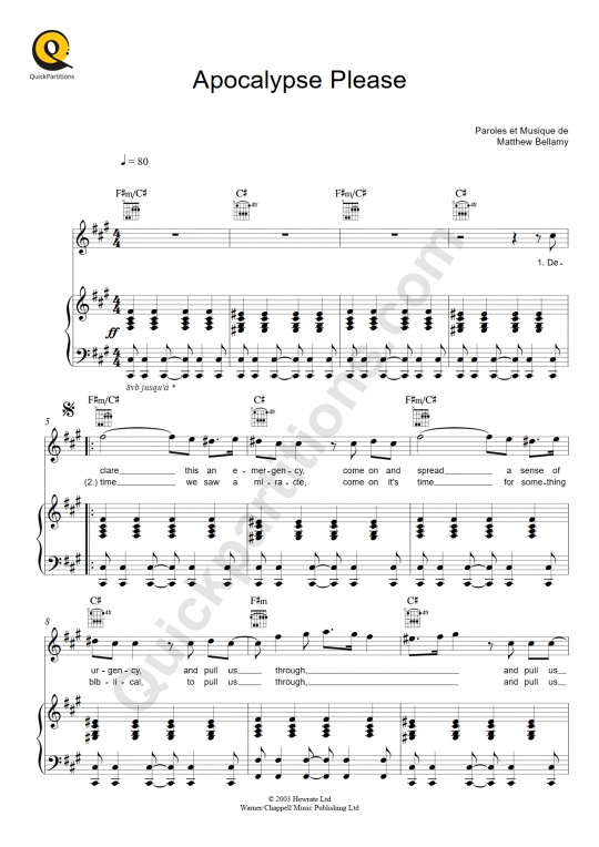 Partition piano Apocalypse Please - Muse
