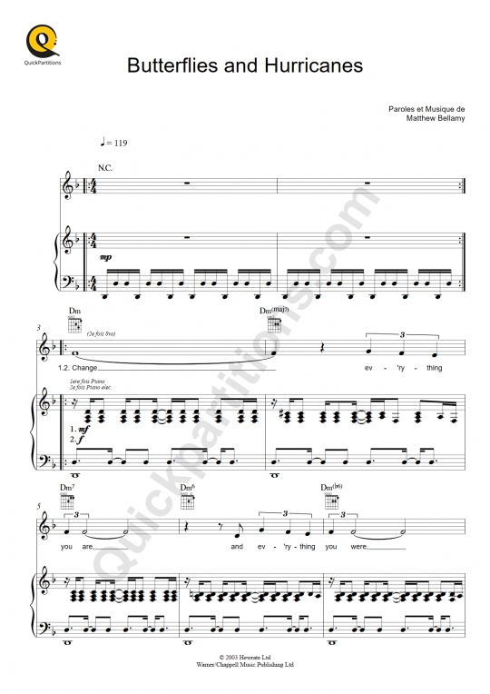 Partition piano Butterflies and Hurricanes - Muse