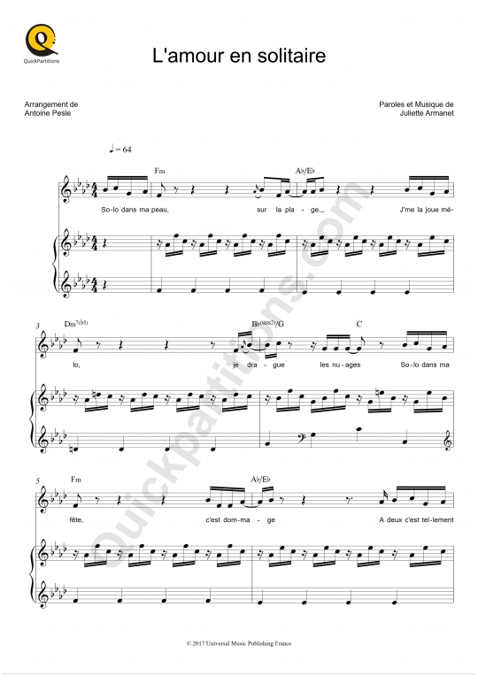 Partition piano L'amour en solitaire - Juliette Armanet