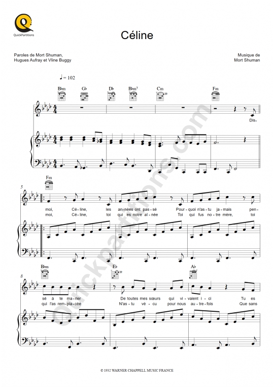 Partition piano Céline - Hugues Aufray