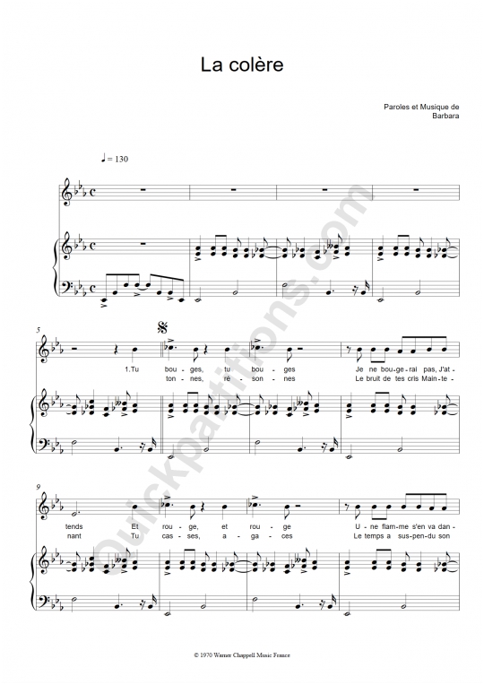 La colère Piano Sheet Music - Barbara