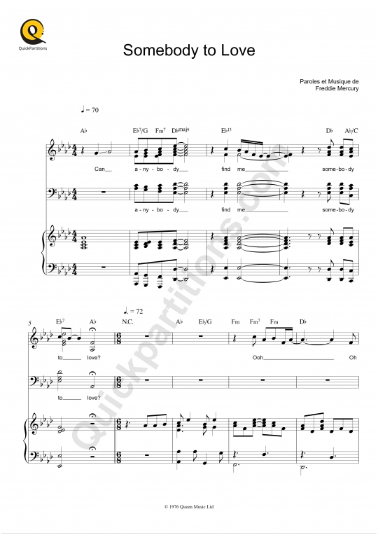 Partition piano Somebody to Love - Queen