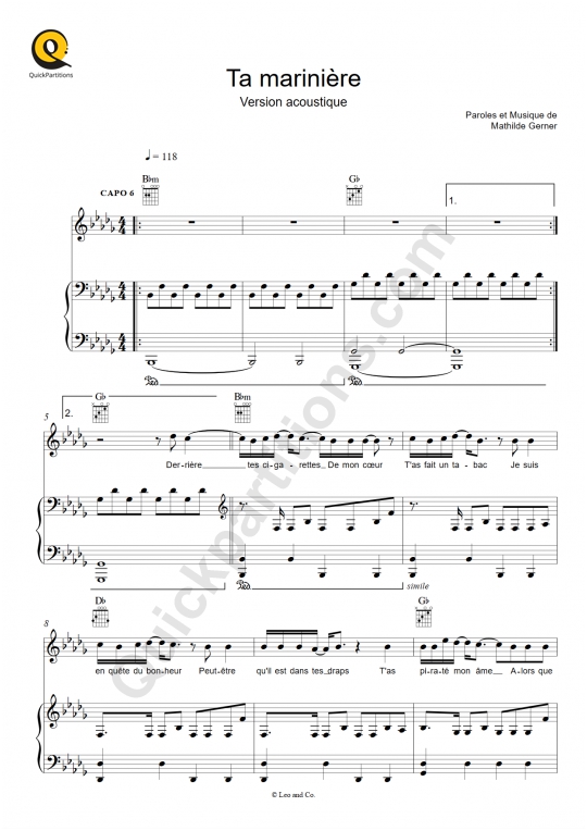 Partition piano Ta marinière (Version acoustique) - Hoshi
