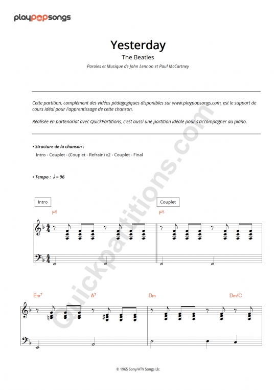 Support de cours Yesterday - PlayPopSongs