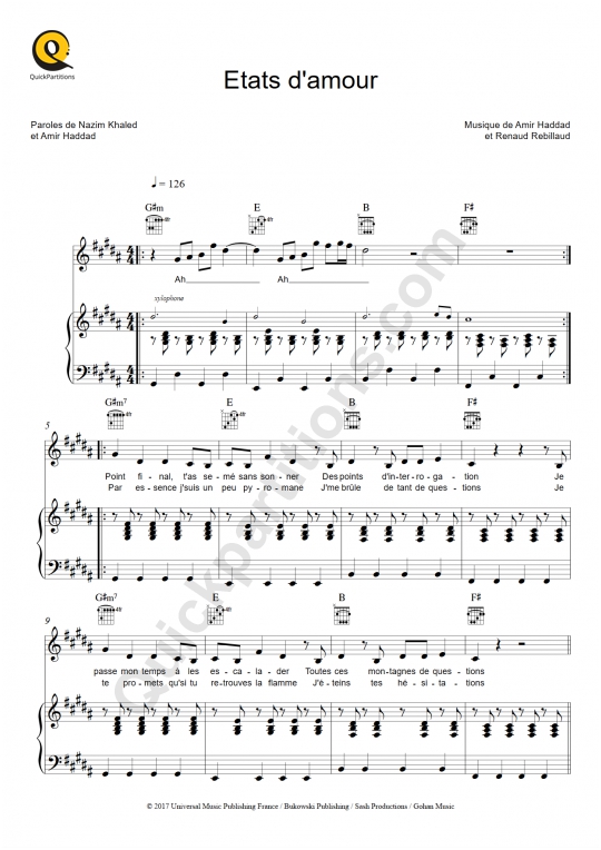 Partition piano Etats d'amour - Amir