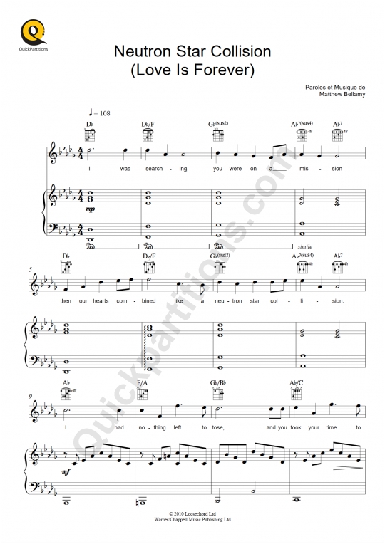 Neutron Star Collision (Love Is Forever) Piano Sheet Music from Muse