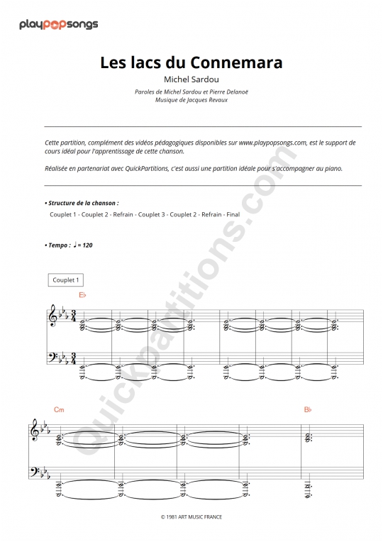 Support De Cours Les Lacs Du Connemara Playpopsongs Partition Digitale
