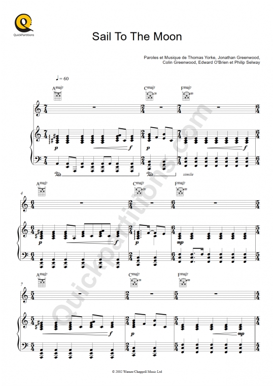 Partition piano Sail To The Moon - Radiohead