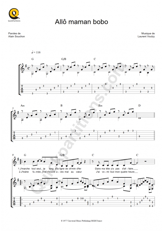 Allo maman bobo Guitar Tab - Alain Souchon