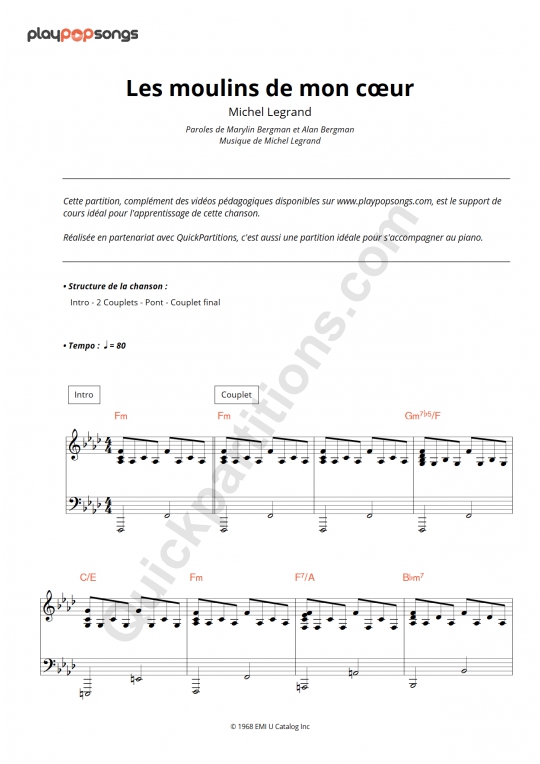 Support de cours Les moulins de mon coeur - PlayPopSongs