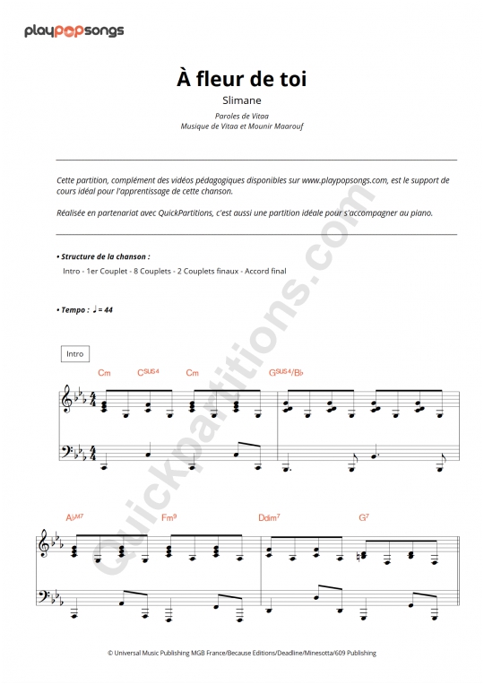 Support De Cours A Fleur De Toi Playpopsongs Partition Digitale