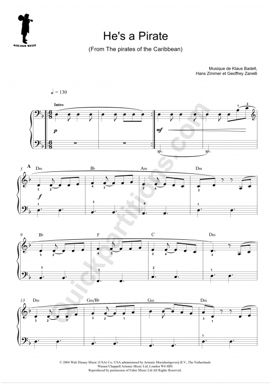 valores Pequeño Groseramente He's a Pirate (tuto) Easy Piano Sheet Music - Galagomusic (Digital Sheet  Music)