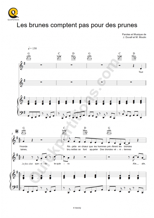 Les brunes comptent pas pour des prunes Piano Sheet Music - Lio