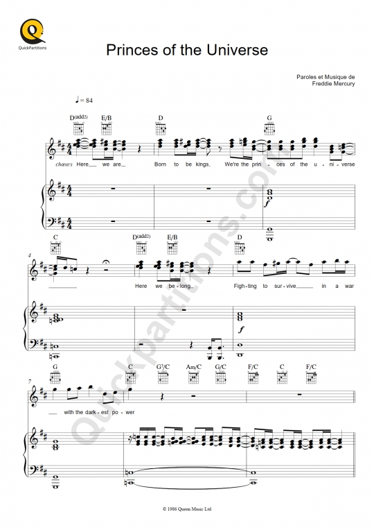 Princes of the Universe Piano Sheet Music - Queen
