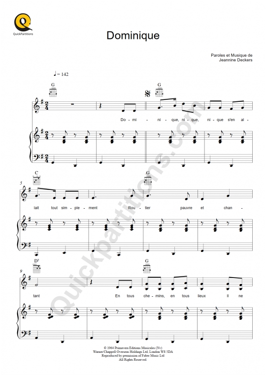 Partition piano Dominique - Sœur Sourire