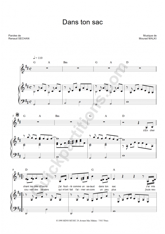 Partition piano Dans ton sac - Renaud