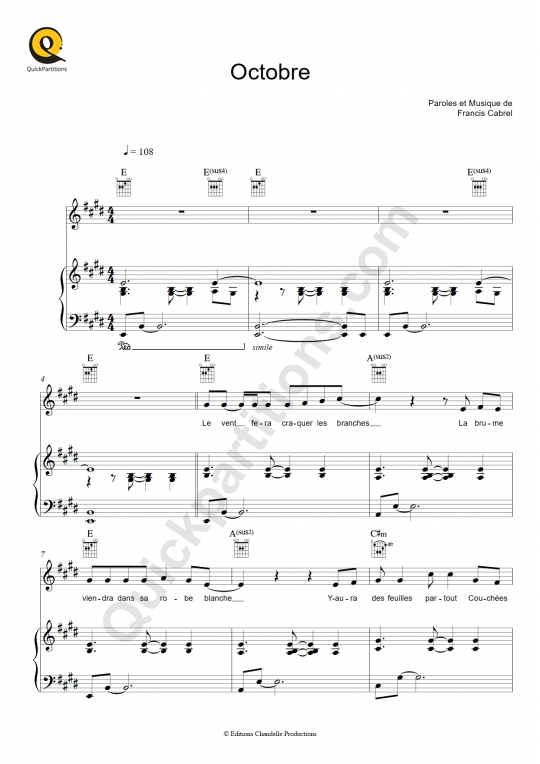 Octobre Piano Sheet Music from Francis Cabrel