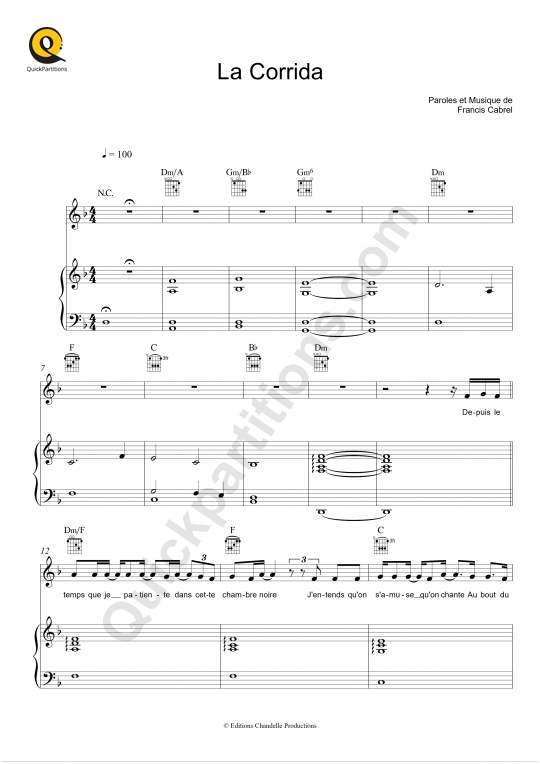 La Corrida Piano Sheet Music - Francis Cabrel
