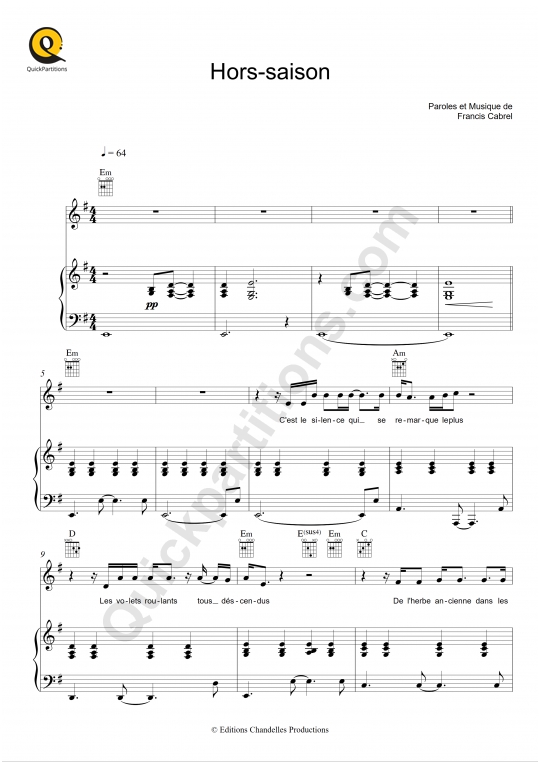 Hors-saison Piano Sheet Music - Francis Cabrel