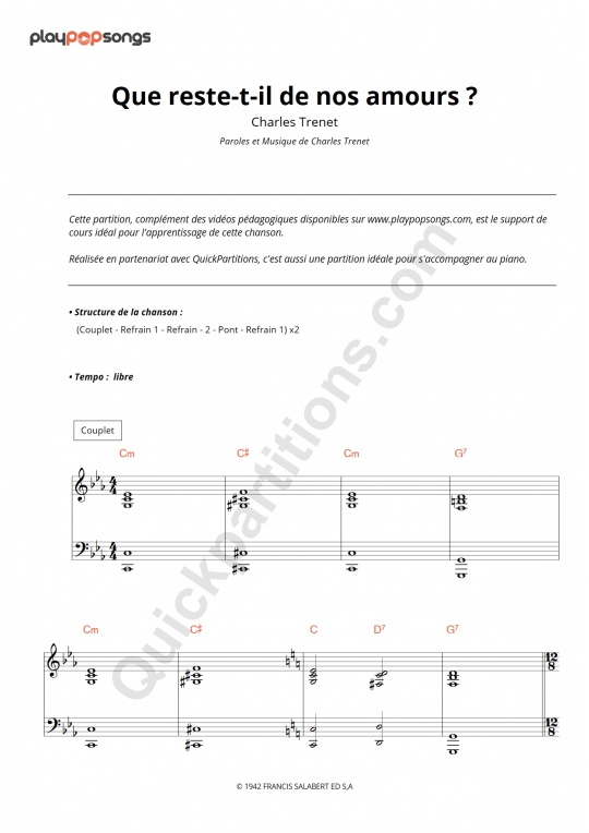Support de cours Que reste-t-il de nos amours ? - PlayPopSongs