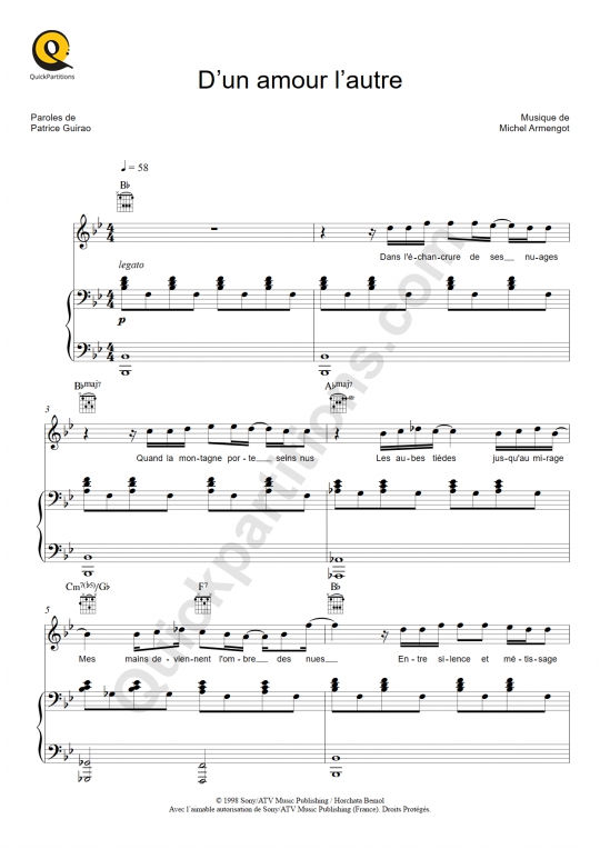 D'un amour l'autre Piano Sheet Music - Florent Pagny