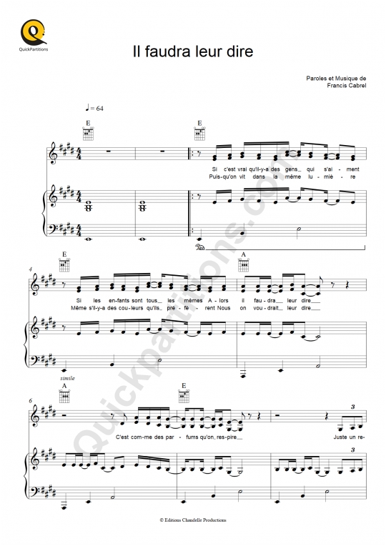 Partition piano Il faudra leur dire - Francis Cabrel