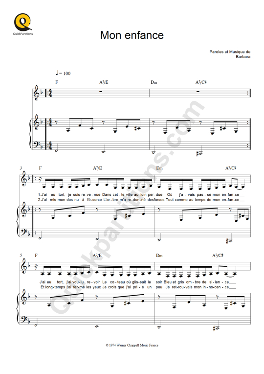 Partition Piano Mon Enfance Barbara Partition Digitale
