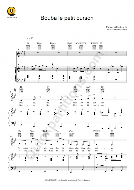 Partition piano Bouba le petit ourson - Chantal Goya