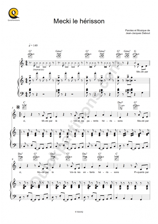 Partition piano Mecki le hérisson - Chantal Goya