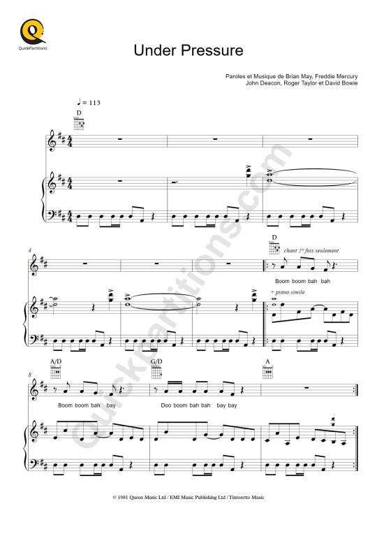 Under Pressure Piano Sheet Music - Queen