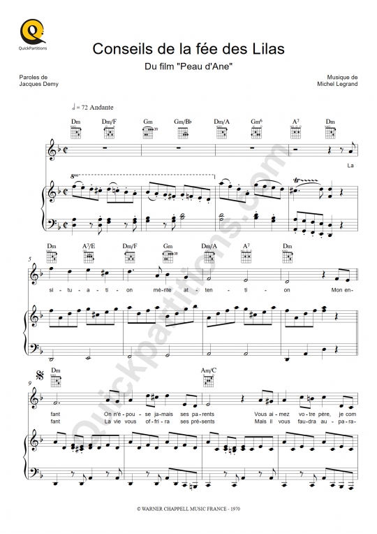Conseils de la fée des Lilas Piano Sheet Music from Peau d'Ane
