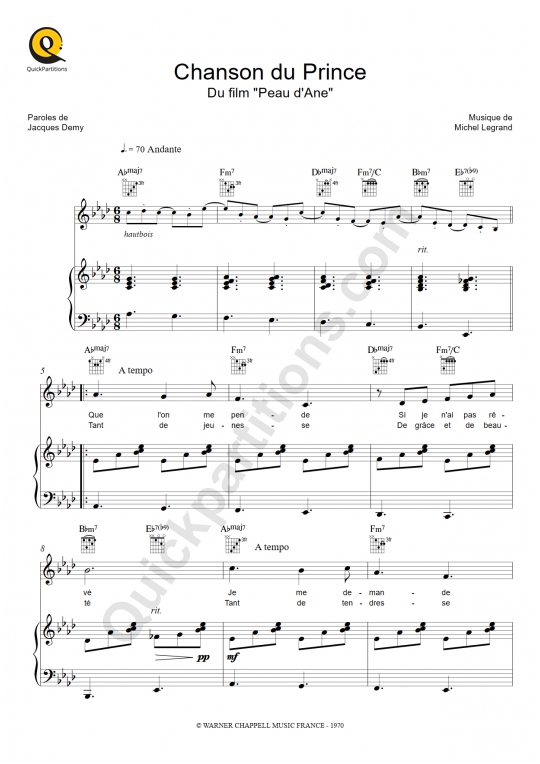Chanson du Prince Piano Sheet Music - Peau d'Ane