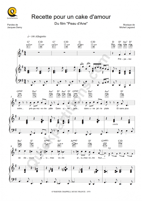 Recette pour un cake d'amour Piano Sheet Music from Peau d'Ane