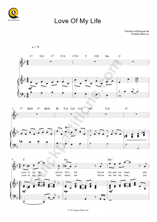 Love Of My Life Piano Sheet - Free Download Vector PSD and Stock Image