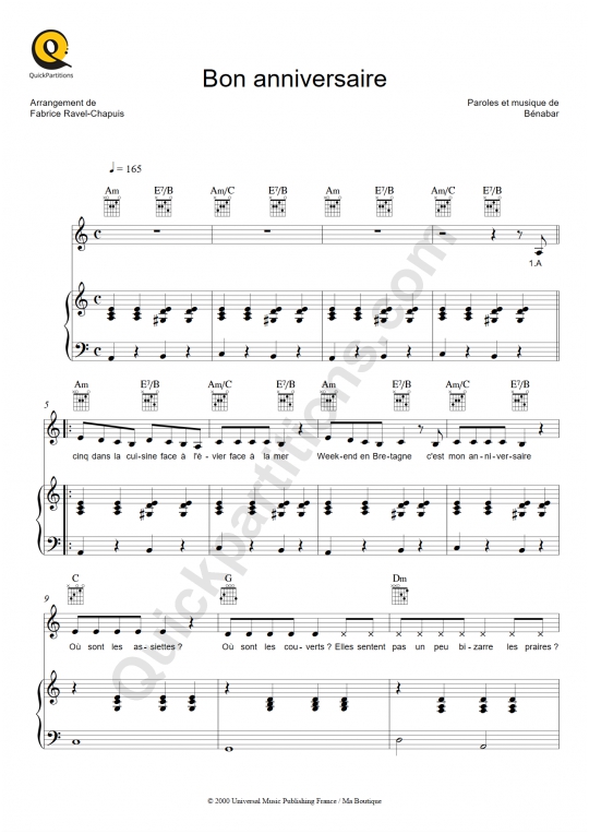 Partition piano Bon anniversaire de Bénabar