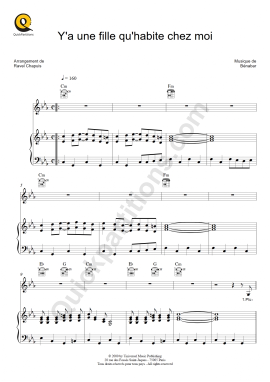 Partition piano Y'a une fille qu'habite chez moi - Bénabar