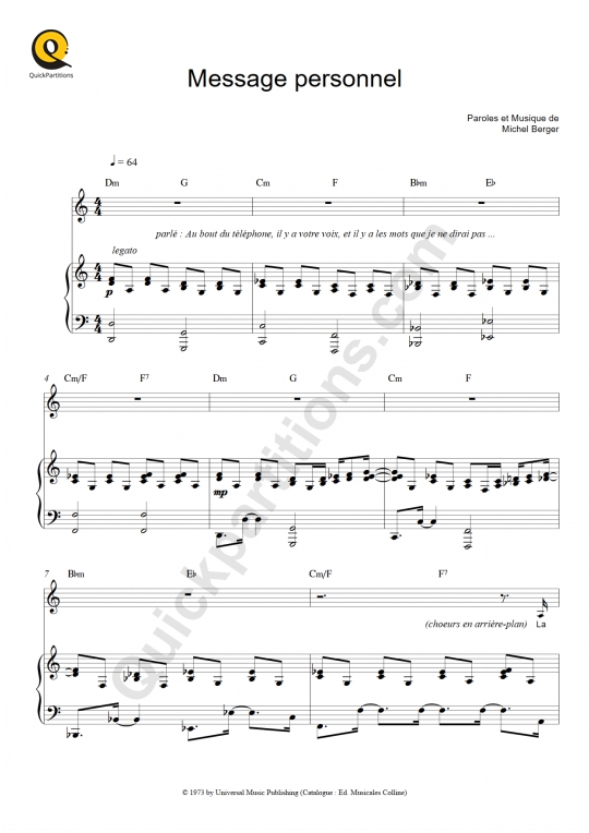 Partition piano Message personnel - Françoise Hardy