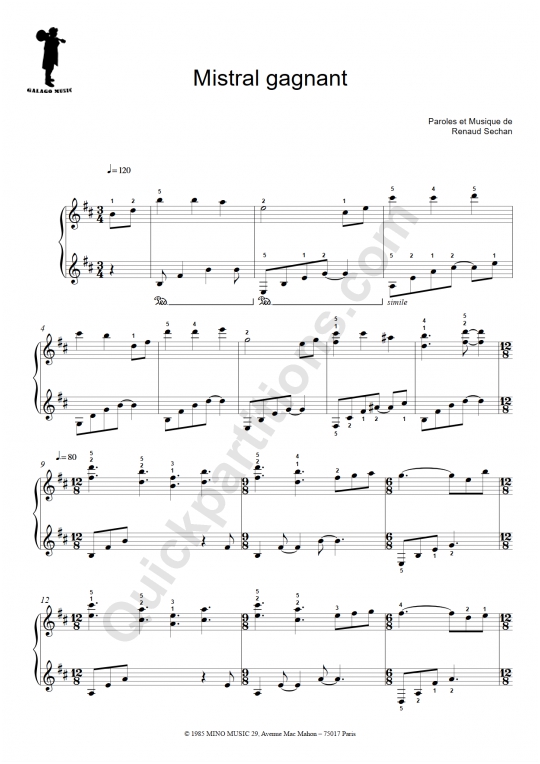 Mistral gagnant Easy Piano Sheet Music - Galagomusic