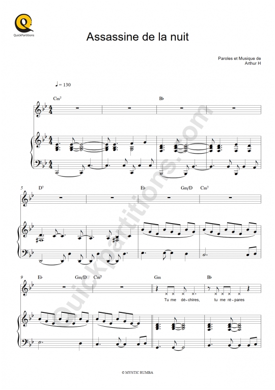 Partition piano Assassine de la nuit - Arthur H