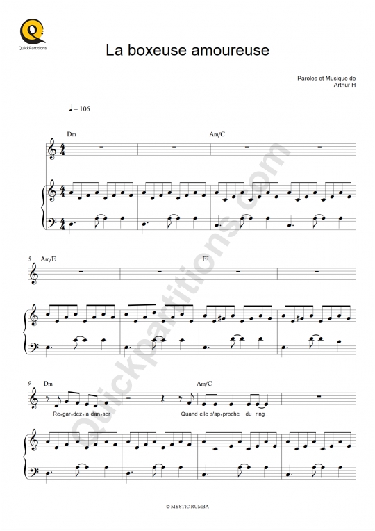 Partition piano La boxeuse amoureuse - Arthur H